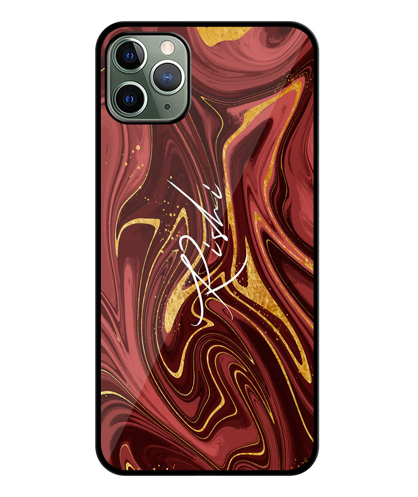 Your Name Golden Maroon Liquid Marble Artwork Customised Glossy Metal TPU Mobile Cover