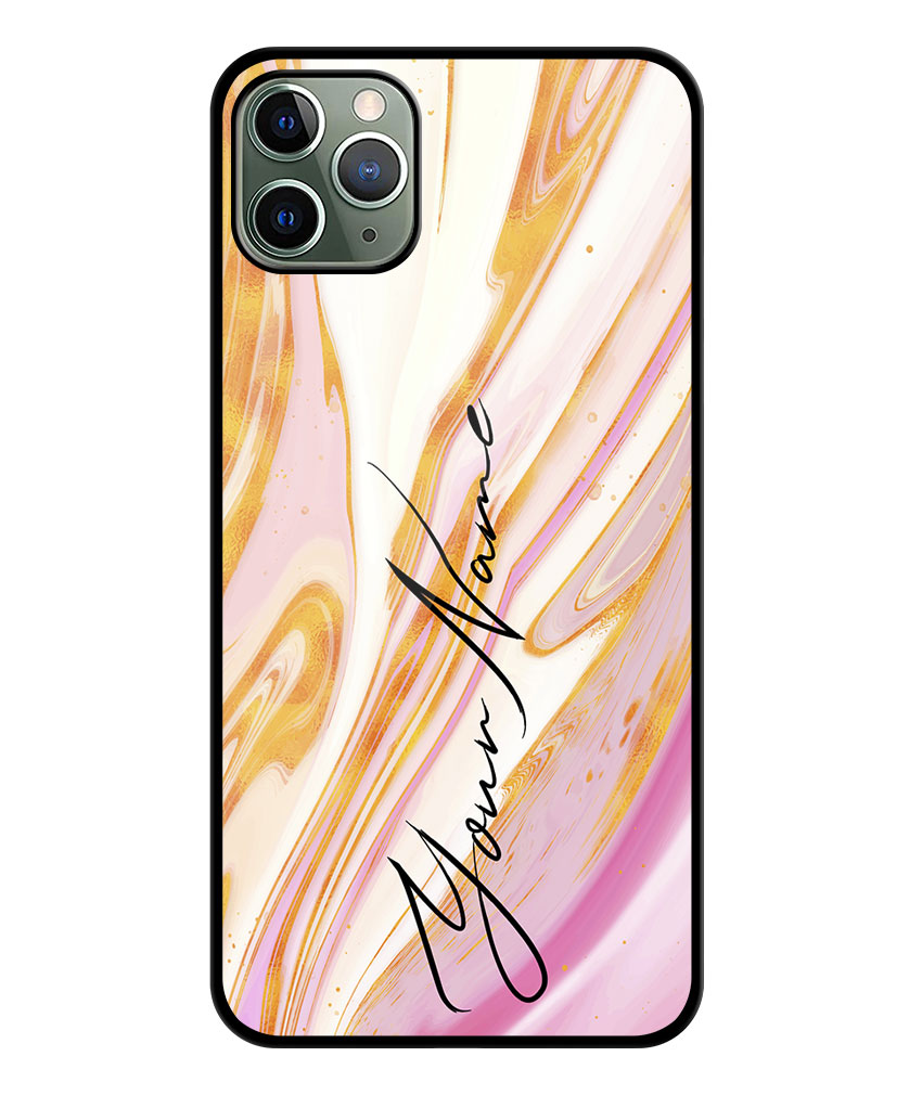 Your Name Golden Pink Liquid Marble Artwork Customised Glossy Metal TPU Mobile Cover