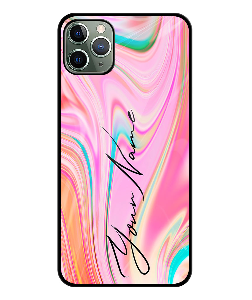 Your Name Blue Pink Liquid Marble Artwork Customised Glossy Metal TPU Mobile Cover