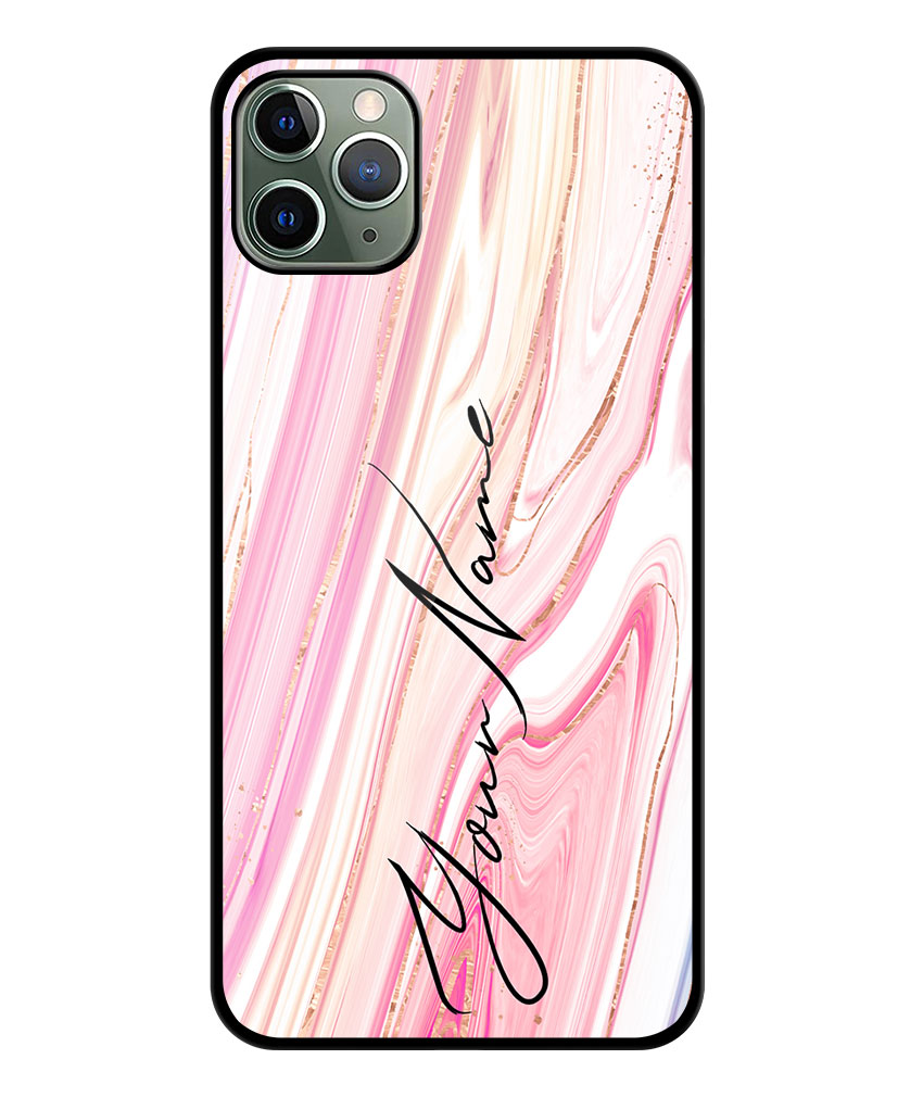 Your Name Pearl White Pink Liquid Marble Artwork Customised Glossy Metal TPU Mobile Cover