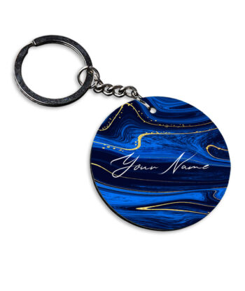 Your Name Golden Blue Liquid Marble Artpiece Customised Circle Key Chains