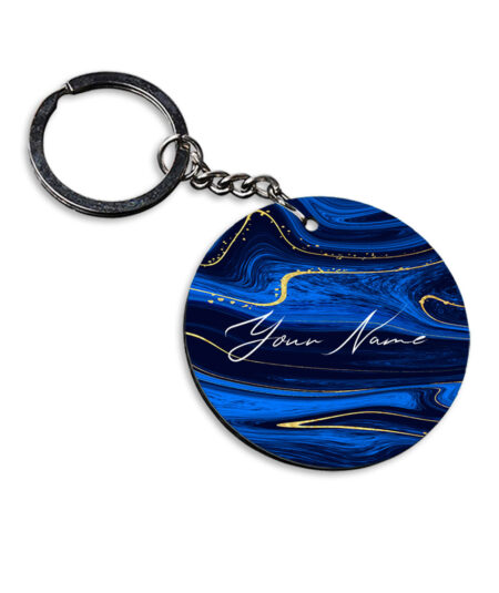 Your Name Golden Blue Liquid Marble Artpiece Customised Circle Key Chains