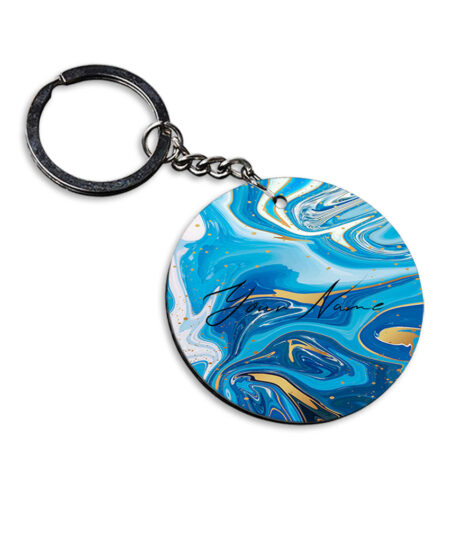 Your Name Blue Gold Liquid Marble Artpiece Customised Circle Key Chains