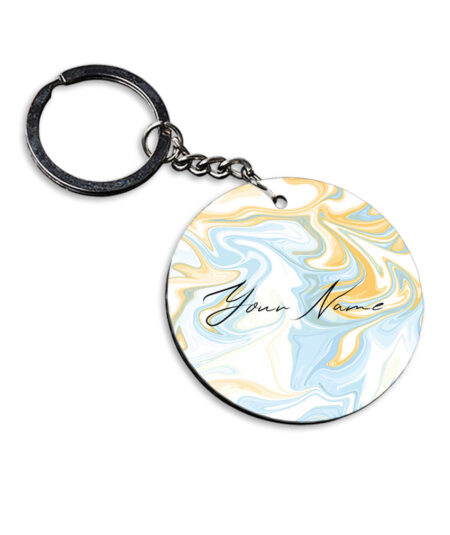 Your Name Yellow Blue Liquid Marble Artwork Customised Circle Key Chains