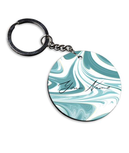 Your Name White Blue Liquid Marble Artwork Customised Circle Key Chains