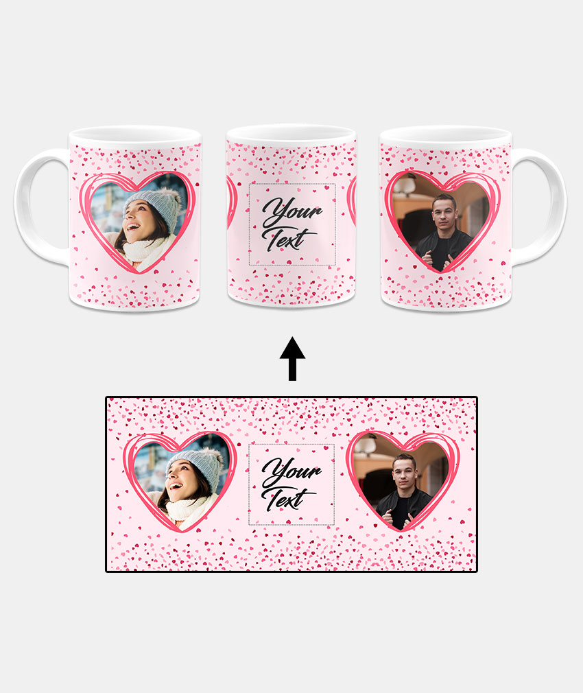 Couple Heart Photoframe With Pink Background Custom Printed White Coffee Mug