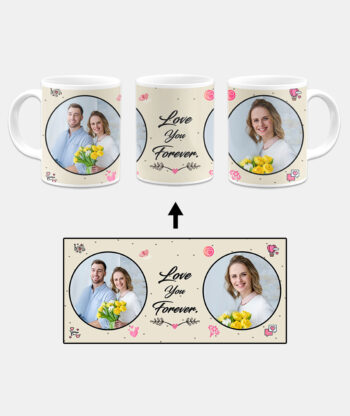 Love You Forever Message With 2 Photos Beige Background Custom Printed White Coffee Mug