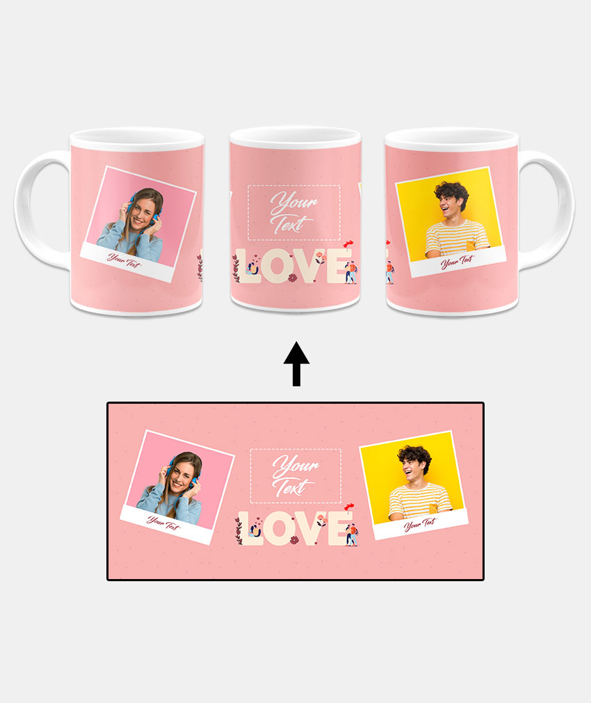 Love Icon With 2 Photos Pink Background Custom Printed White Coffee Mug