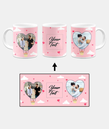 Heart Ballon Photoframe With Abstract Pink Sky Background Custom Printed White Coffee Mug