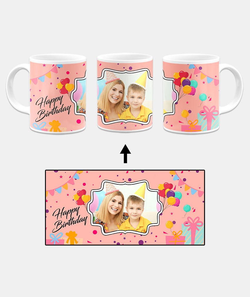 Happy Birthday Design With Peach Pink Background Custom Printed White Coffee Mug