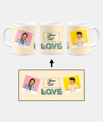Love Icon With 2 Photos Beige Background Custom Printed White Coffee Mug