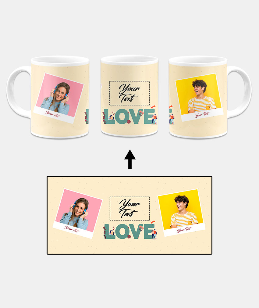 Love Icon With 2 Photos Beige Background Custom Printed White Coffee Mug