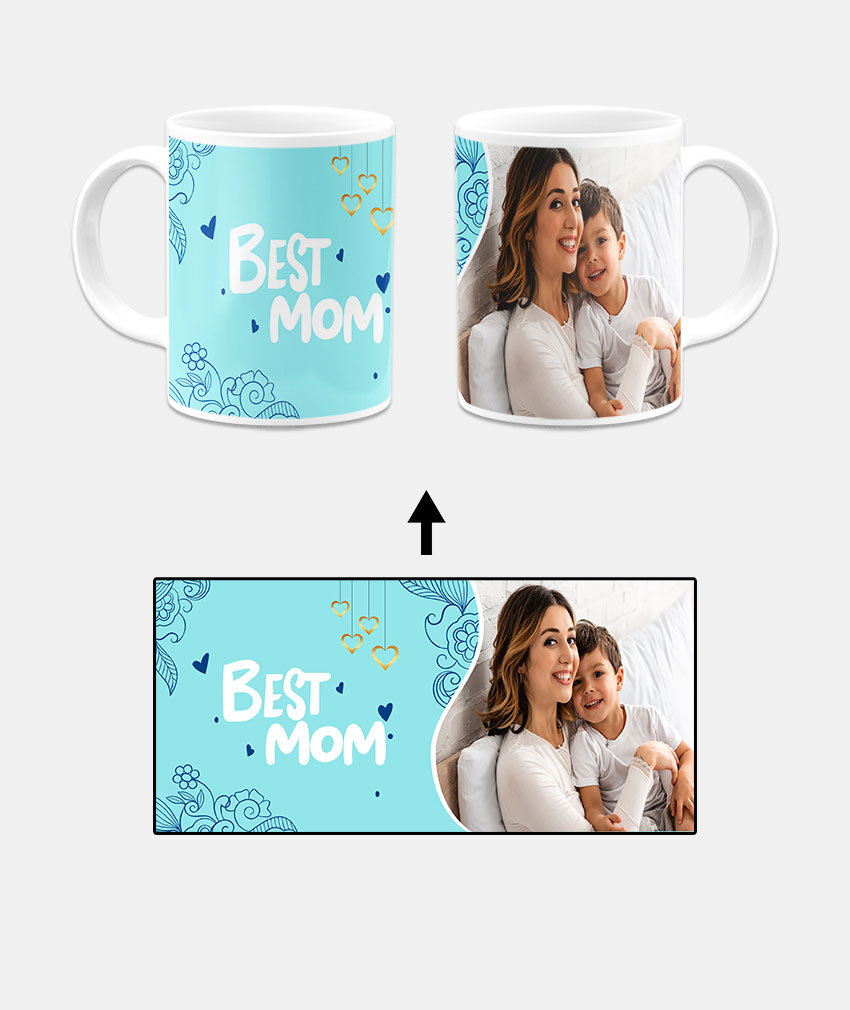 Best Mom Design With Blue Background Custom Printed White Coffee Mug