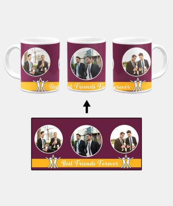 Best Friends Forever Message With 3 Photos Burgundy Background Custom Printed White Coffee Mug