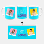Love Icon With 2 Photos Blue Background Custom Printed White Coffee Mug