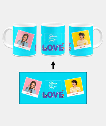 Love Icon With 2 Photos Blue Background Custom Printed White Coffee Mug