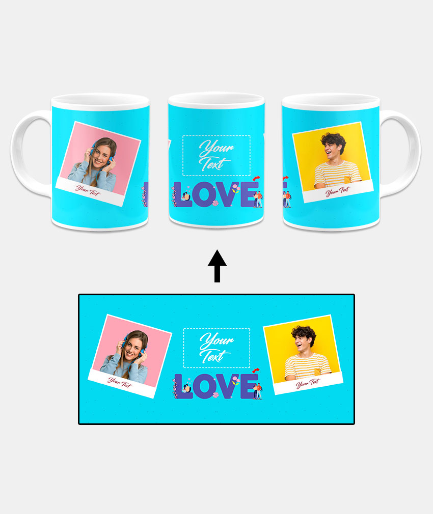 Love Icon With 2 Photos Blue Background Custom Printed White Coffee Mug