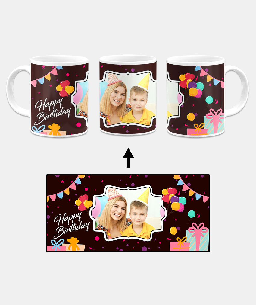 Happy Birthday Design With Dark Choclate Brown Background Custom Printed White Coffee Mug