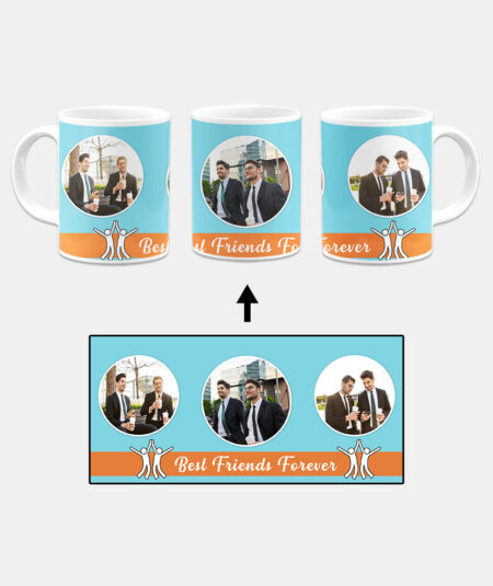 Best Friends Forever Message With 3 Photos Sky Blue Background Custom Printed White Coffee Mug