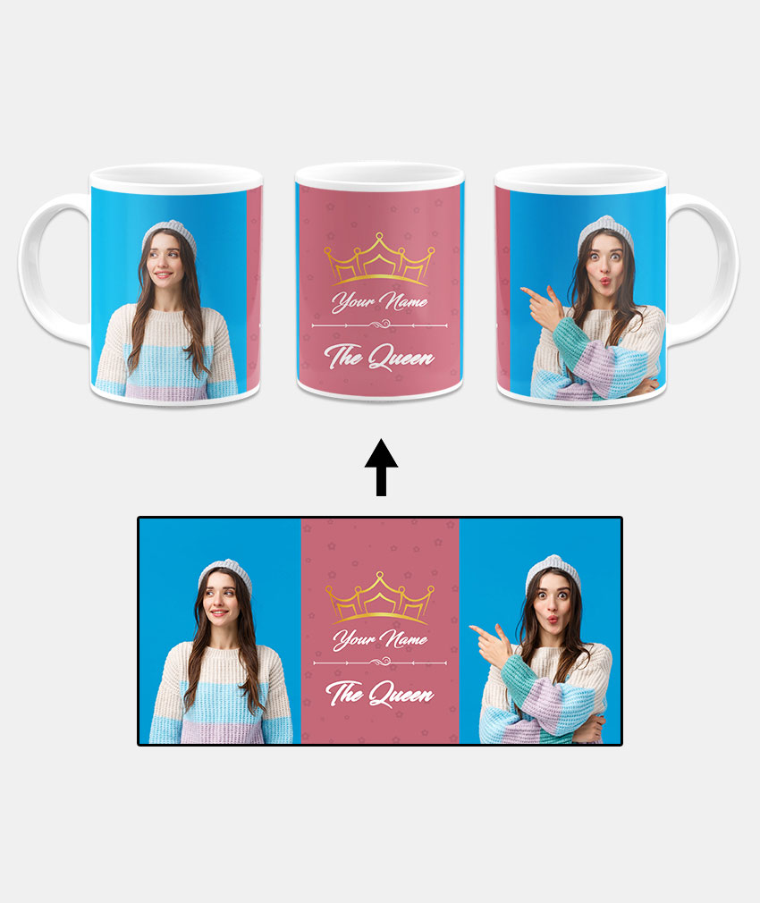Your Name Queen Crown Design With Pink Background Custom Printed White Coffee Mug