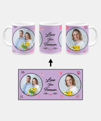 Love You Forever Message With 2 Photos Lilac Purple Background Custom Printed White Coffee Mug