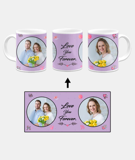 Love You Forever Message With 2 Photos Lilac Purple Background Custom Printed White Coffee Mug