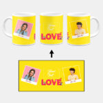 Love Icon With 2 Photos Yellow Background Custom Printed White Coffee Mug