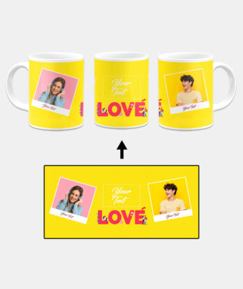 Love Icon With 2 Photos Yellow Background Custom Printed White Coffee Mug