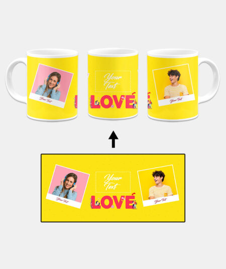 Love Icon With 2 Photos Yellow Background Custom Printed White Coffee Mug