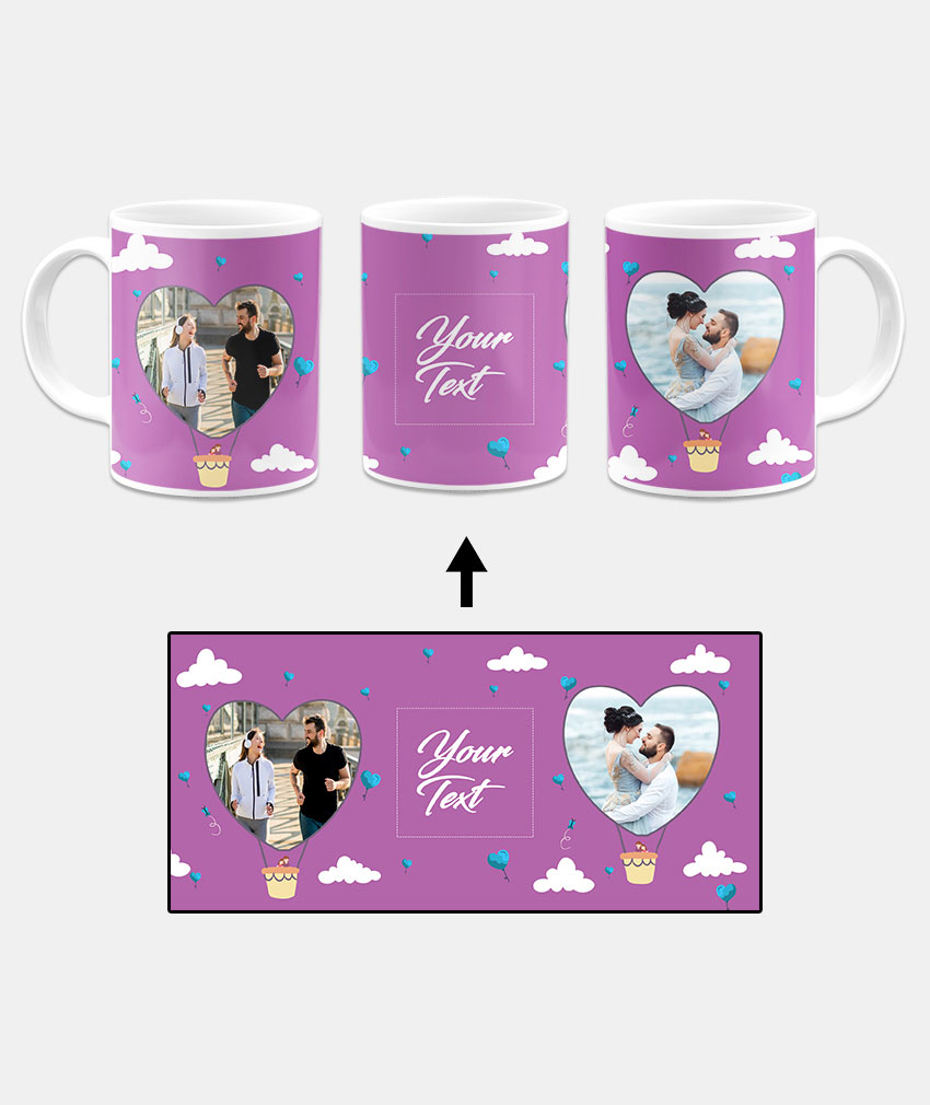 Heart Ballon Photoframe With Abstract Violet Sky Background Custom Printed White Coffee Mug