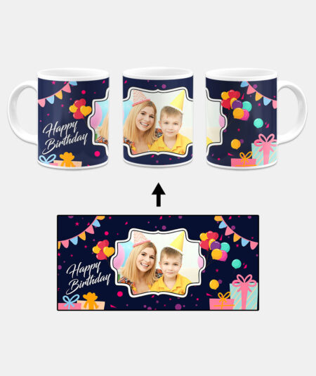 Happy Birthday Design With Navy Blue Background Custom Printed White Coffee Mug