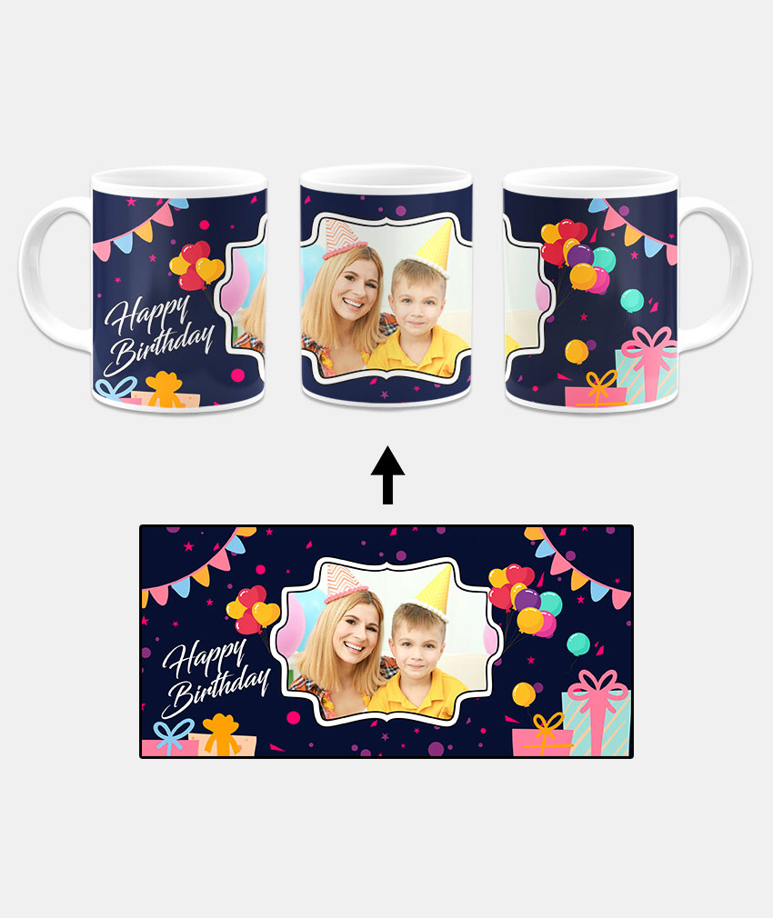 Happy Birthday Design With Navy Blue Background Custom Printed White Coffee Mug