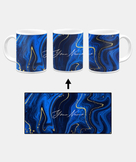 Your Name Golden Blue Liquid Marble Artwork Custom Printed White Coffee Mug