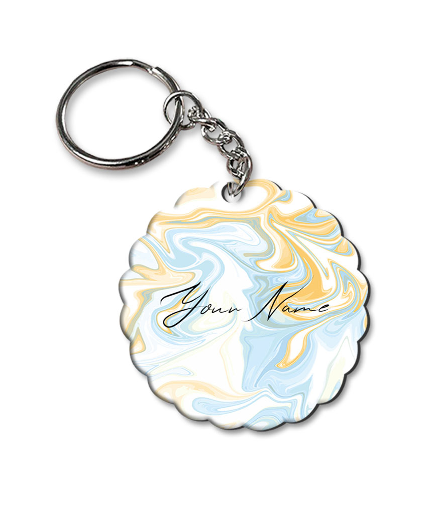 Your Name Yellow Blue Liquid Marble Artwork Customised Flower Key Chains