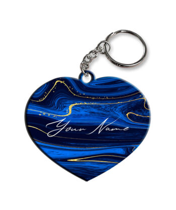 Your Name Golden Blue Liquid Marble Artpiece Customised Heart Key Chains