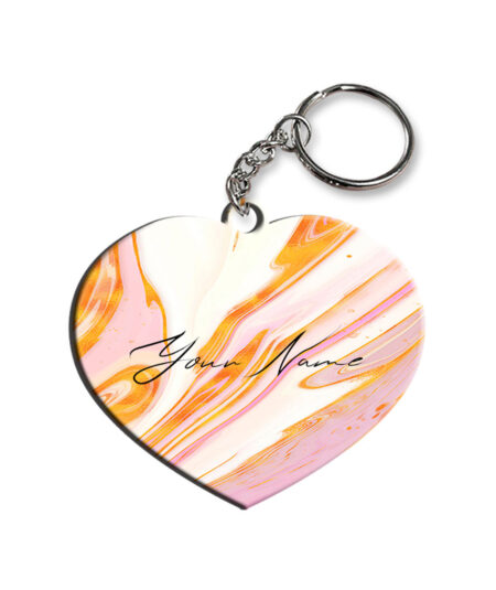 Your Name Golden Pink Liquid Marble Illustration Customised Heart Key Chains