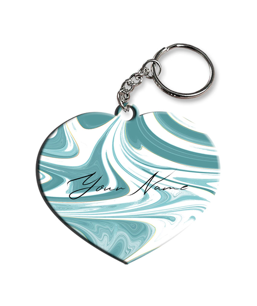 Your Name White Blue Liquid Marble Artwork Customised Heart Key Chains
