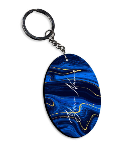 Your Name Golden Blue Liquid Marble Artpiece Customised Oval Key Chains