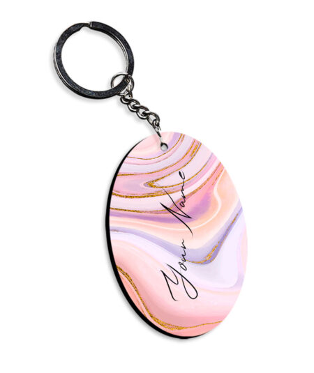 Your Name Pink Purple Liquid Marble Illustration Customised Oval Key Chains