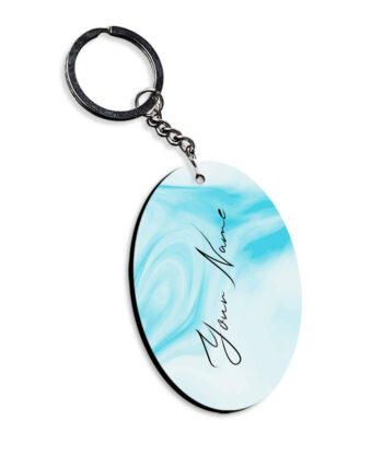 Your Name Blue Stroke Liquid Marble Artpiece Customised Oval Key Chains