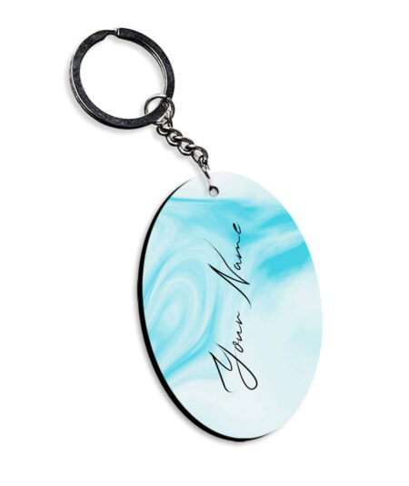 Your Name Blue Stroke Liquid Marble Artpiece Customised Oval Key Chains