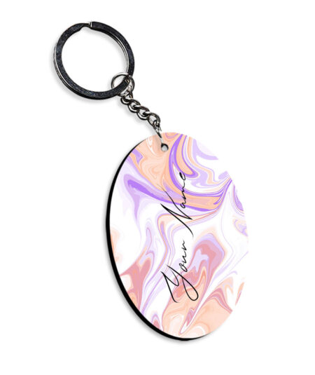 Your Name Peach Purple Liquid Marble Artwork Customised Oval Key Chains