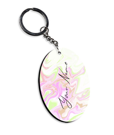 Your Name Green Pink Liquid Marble Artwork Customised Oval Key Chains