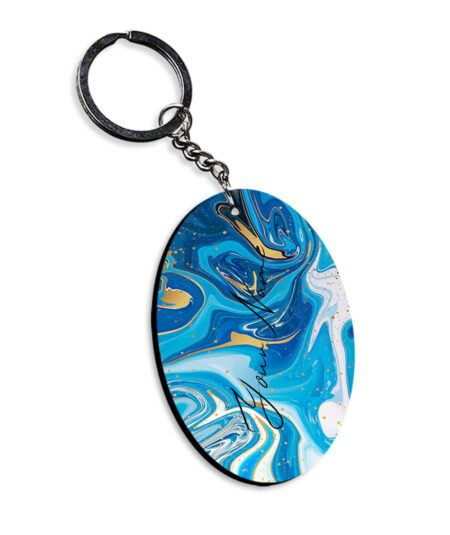 Your Name Blue Gold Liquid Marble Artpiece Customised Oval Key Chains