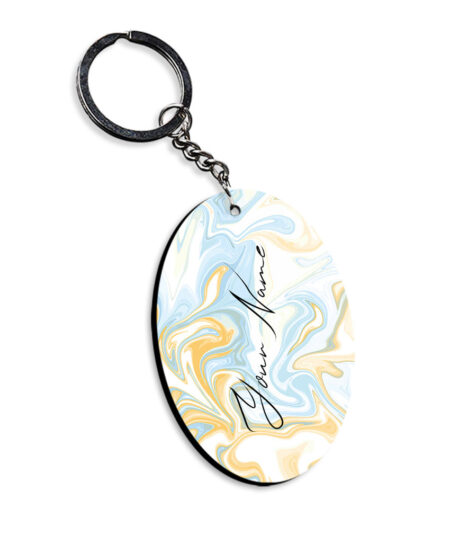 Your Name Yellow Blue Liquid Marble Artwork Customised Oval Key Chains