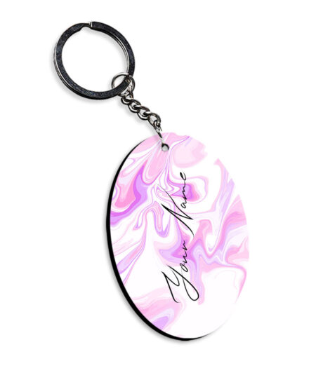 Your Name Voilet Pink Liquid Marble Artwork Customised Oval Key Chains