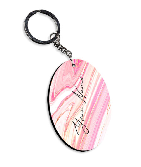 Your Name Pearl White Pink Liquid Marble Illustration Customised Oval Key Chains