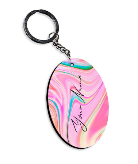 Your Name Cyan Blue Pink Paintmix Design Customised Oval Key Chains