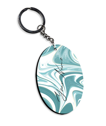 Your Name White Blue Liquid Marble Artwork Customised Oval Key Chains