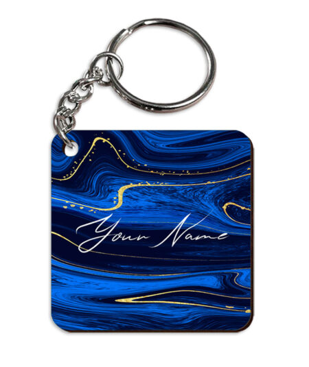 Your Name Golden Blue Liquid Marble Artpiece Customised Square Key Chains